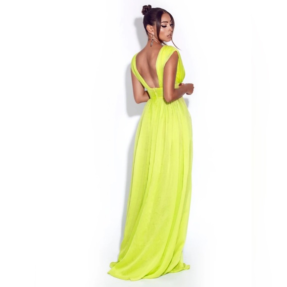 Valley Of Angels Lime Chiffon Pleated High Slit Maxi Dress - Picture 3 of 3